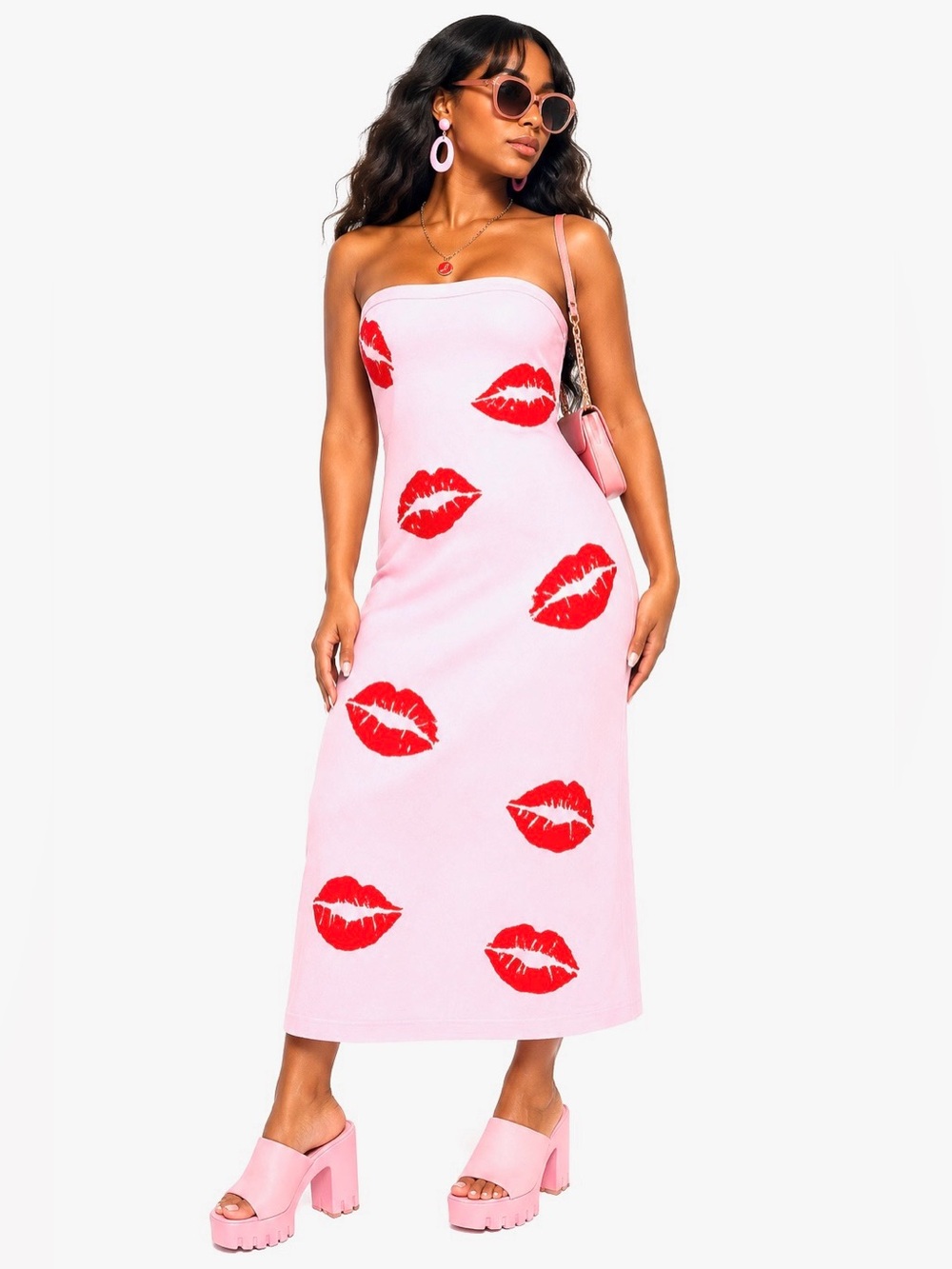 Madden Girl Sexy Lips Kiss Print Strapless Knit Maxi Dress Size L NWT